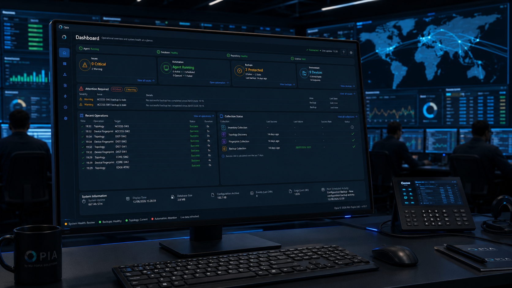 OPIA dashboard showing device status, backup information and network summary data